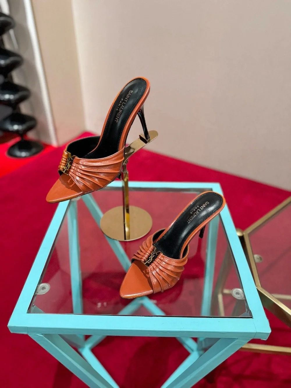 Saint Laurent Tan Leather Ruched Slide Heels with Gold YSL Accent